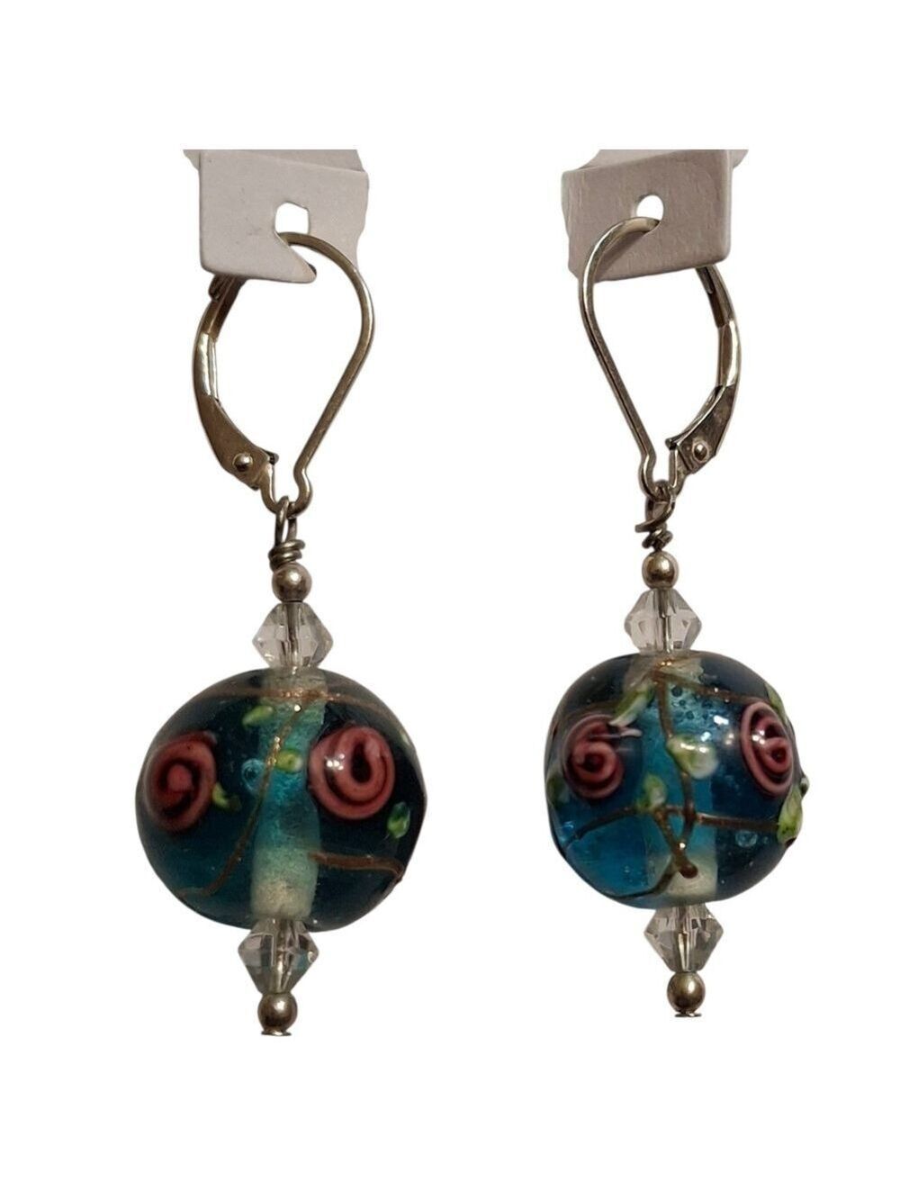 Lampwork Wedding Cake Rose Drop Earrings Pink Floral Accents Sterling Silver